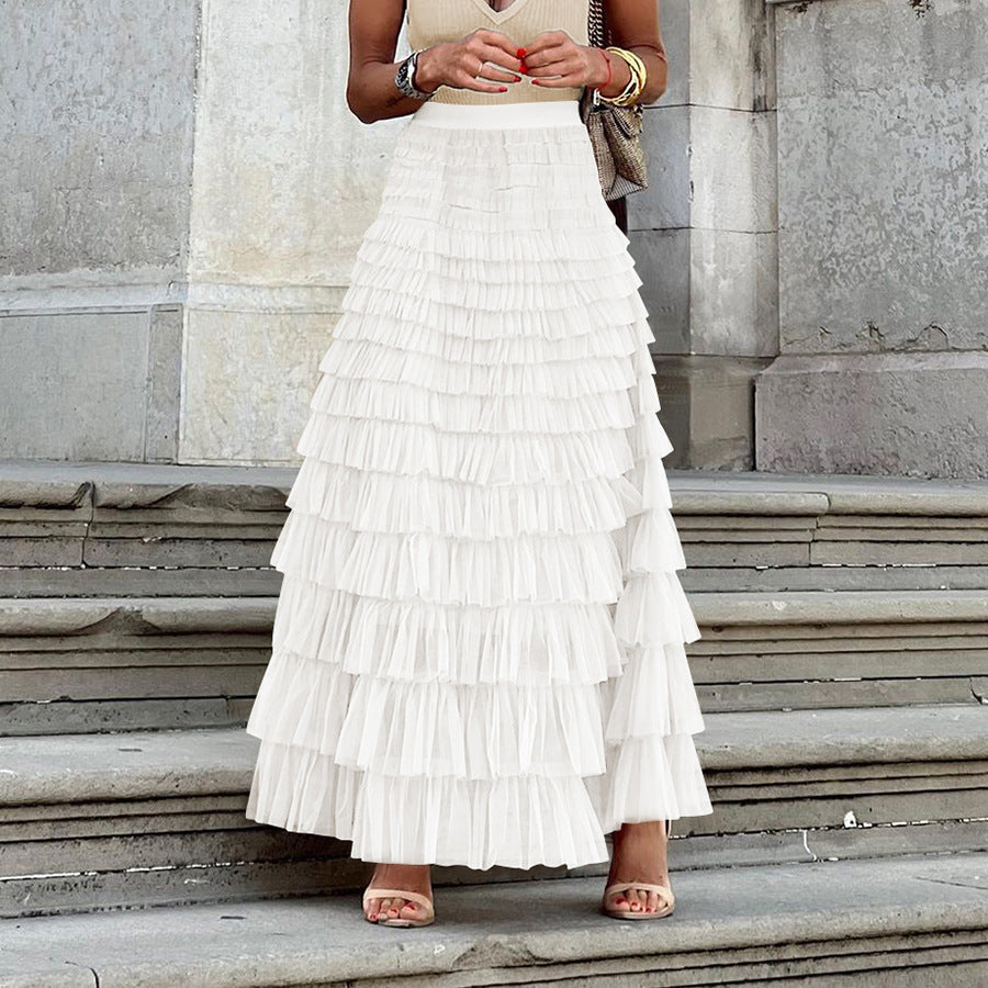 "New Design French Style Long Fall Elegance Pure Color High-waisted Net Mesh Cake Dress Puffed Semi-Length Skirt"