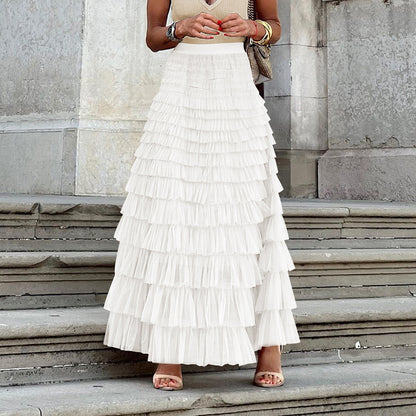 "New Design French Style Long Fall Elegance Pure Color High-waisted Net Mesh Cake Dress Puffed Semi-Length Skirt"