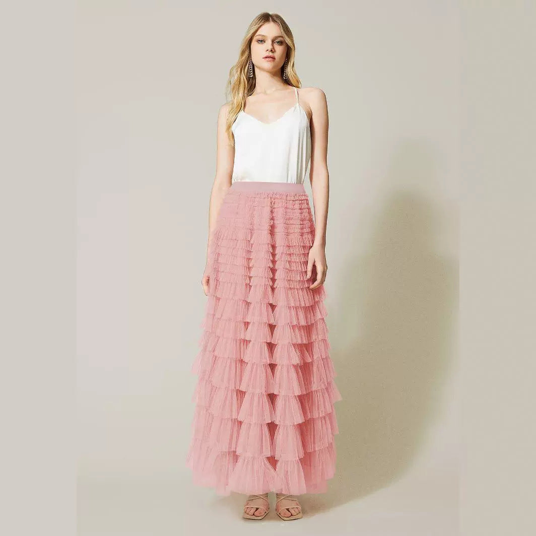 "New Design French Style Long Fall Elegance Pure Color High-waisted Net Mesh Cake Dress Puffed Semi-Length Skirt"