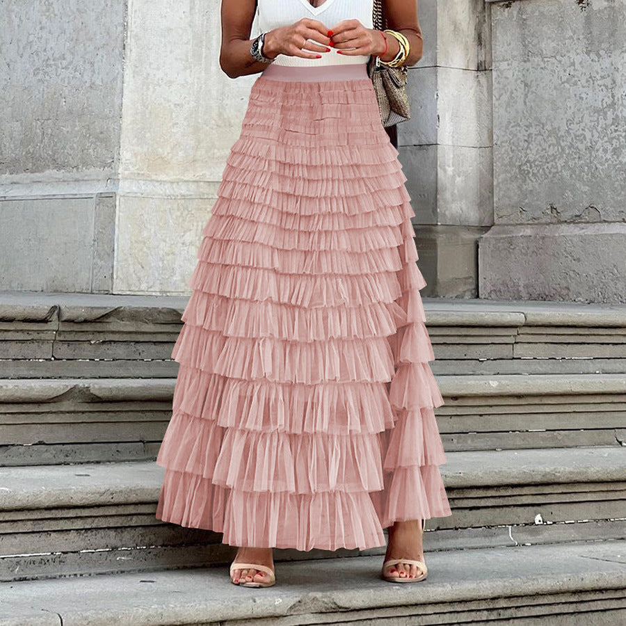 "New Design French Style Long Fall Elegance Pure Color High-waisted Net Mesh Cake Dress Puffed Semi-Length Skirt"