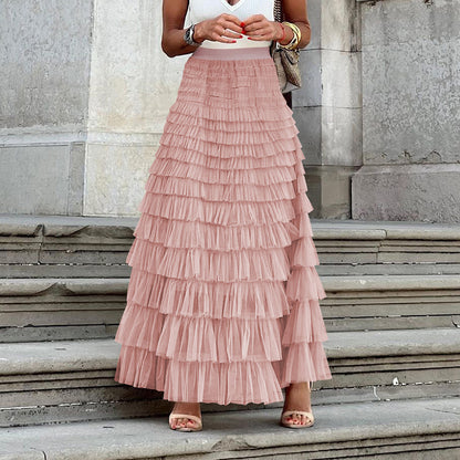 "New Design French Style Long Fall Elegance Pure Color High-waisted Net Mesh Cake Dress Puffed Semi-Length Skirt"