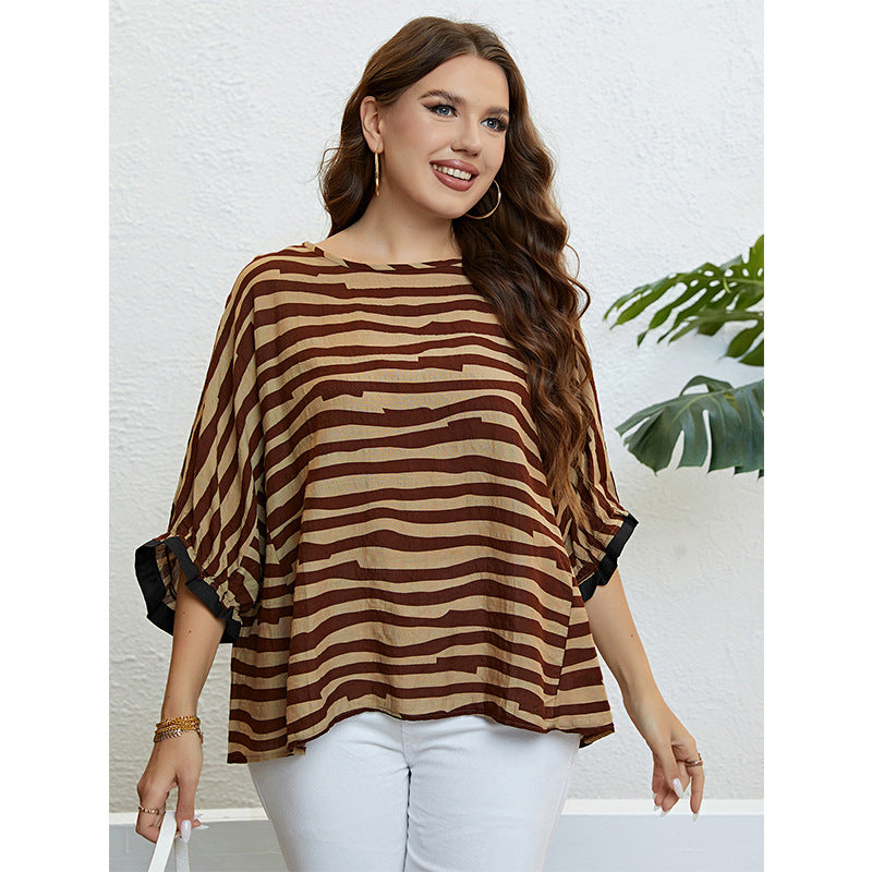Fashionable Summer Zebra Stripe 34 Sleeve Blouse Plus Size Womens Top New Arrival