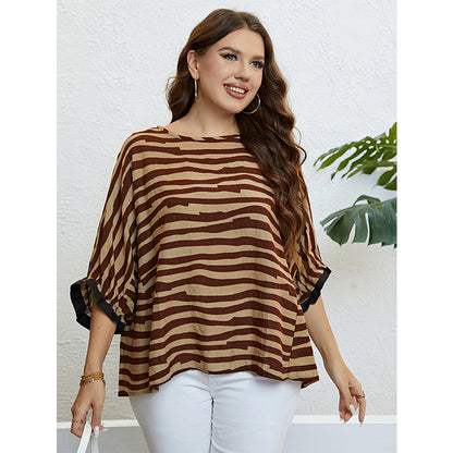 Fashionable Summer Zebra Stripe 34 Sleeve Blouse Plus Size Womens Top New Arrival