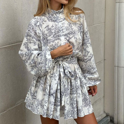 2025 independent station new European and American women's clothing temperament elegant fashion long-sleeved lace-up national style printed European and American dress