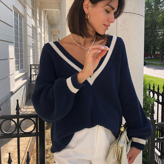 2025 New Deep V Neck Loose Knit Sweater Elegant Off Shoulder Womens Fashion Top