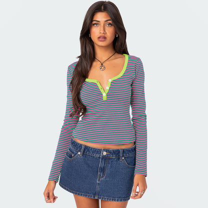 Hot Sale New Contrasting Striped Knitted Sweater Clothes Women's Summer Top Button Slim Shoulder T-Shirt Pure Cotton Fashion Sense