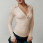 2025 new high-end women's threaded polo collar long-sleeved T-shirt slim-fit knitted sweater women's top summer high-end feeling