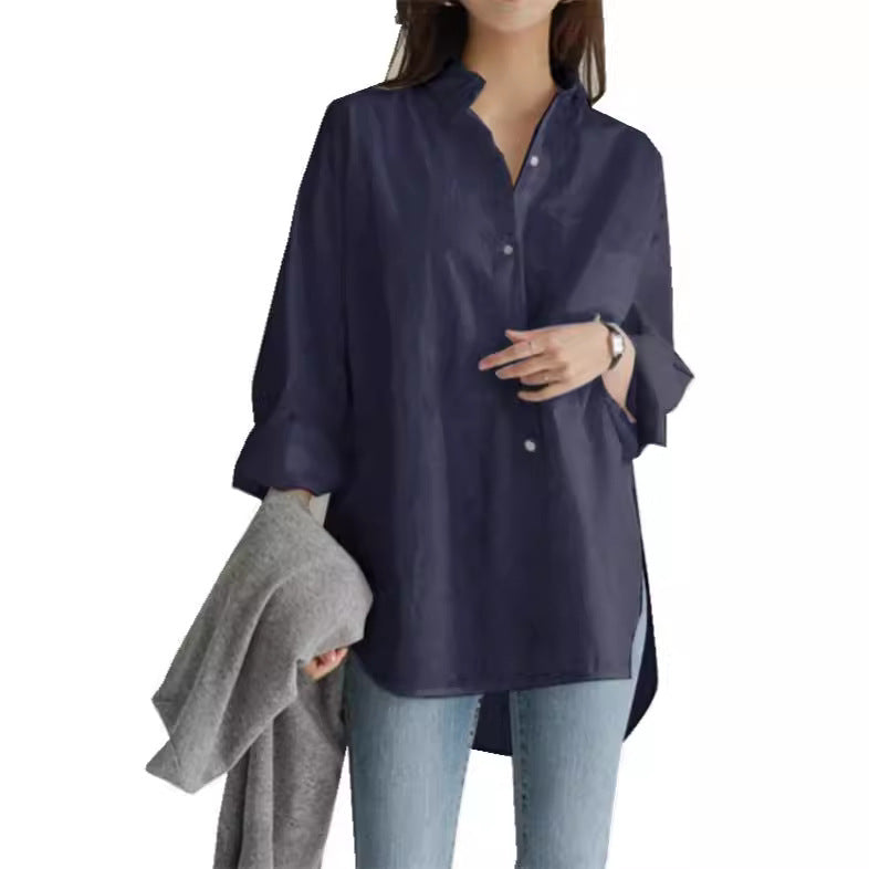 Fashionable Women’s Long Sleeve Button-Down Shirt - Relaxed Fit Irregular Hem for Summer Autumn Winter Work & Casual Wear