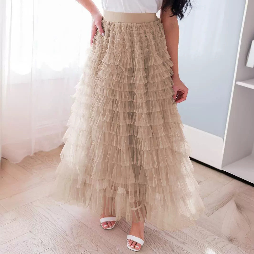 "New Design French Style Long Fall Elegance Pure Color High-waisted Net Mesh Cake Dress Puffed Semi-Length Skirt"