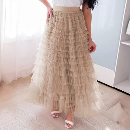 "New Design French Style Long Fall Elegance Pure Color High-waisted Net Mesh Cake Dress Puffed Semi-Length Skirt"