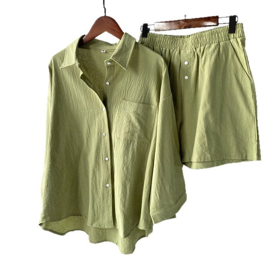 Vintage Plus Size 2-Piece Cotton-Linen Shirt Dress & High-Waisted Wide-Leg Shorts Summer Casual Outfit
