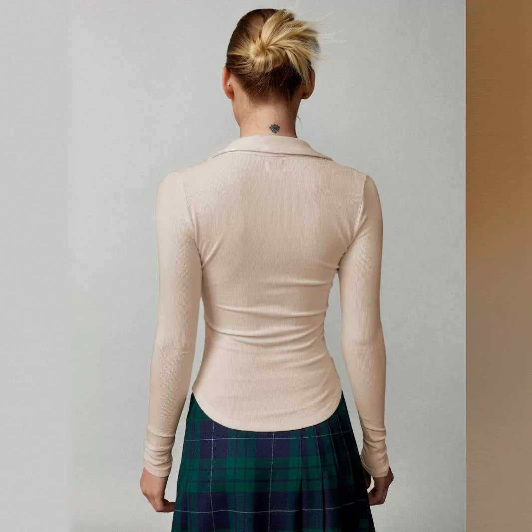 2025 new high-end women's threaded polo collar long-sleeved T-shirt slim-fit knitted sweater women's top summer high-end feeling
