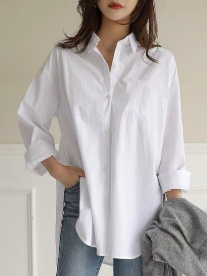 Fashionable Women’s Long Sleeve Button-Down Shirt - Relaxed Fit Irregular Hem for Summer Autumn Winter Work & Casual Wear