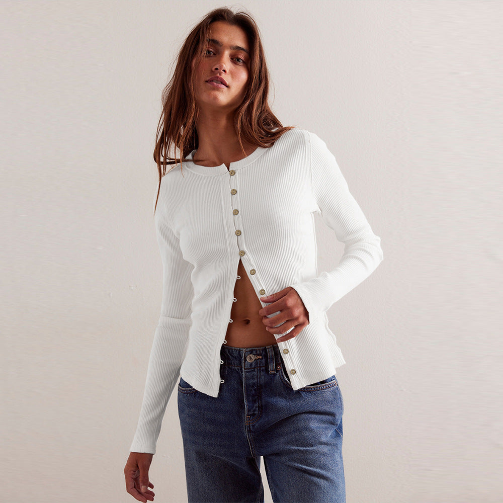 Fashion Hot Sale 2025 Women's Long Sleeve Crew Neck Button Ribbed Solid Color Autumn and Winter Warm Cardigan Jacket Women
