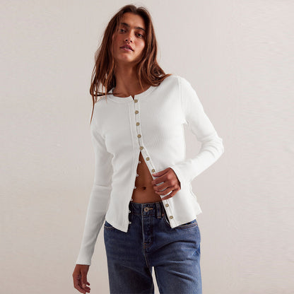 Fashion Hot Sale 2025 Women's Long Sleeve Crew Neck Button Ribbed Solid Color Autumn and Winter Warm Cardigan Jacket Women