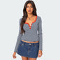 Hot Sale New Contrasting Striped Knitted Sweater Clothes Women's Summer Top Button Slim Shoulder T-Shirt Pure Cotton Fashion Sense