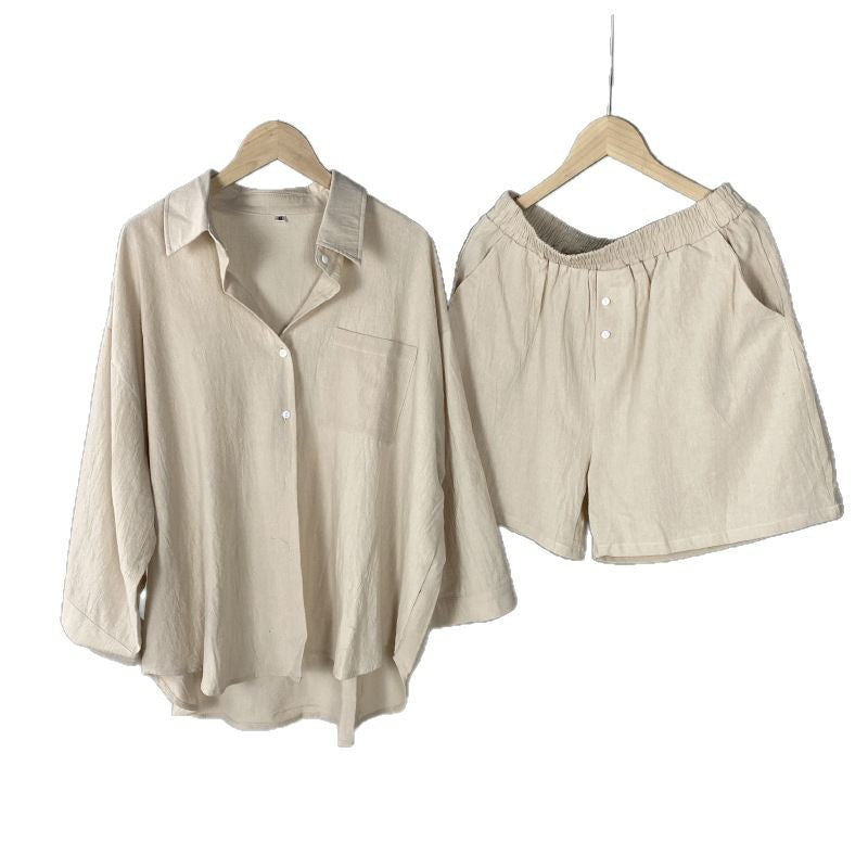 Vintage Plus Size 2-Piece Cotton-Linen Shirt Dress & High-Waisted Wide-Leg Shorts Summer Casual Outfit