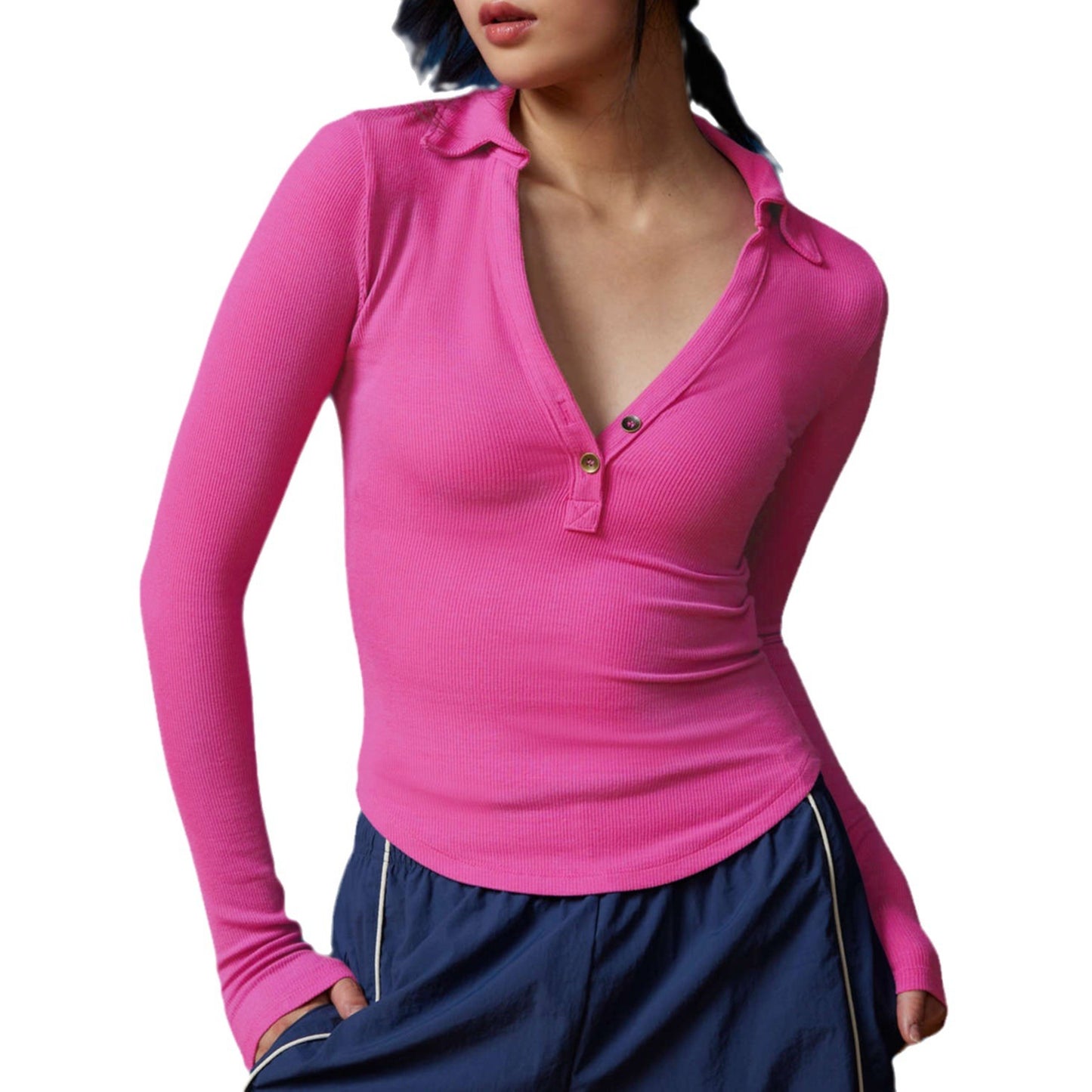 2025 new high-end women's threaded polo collar long-sleeved T-shirt slim-fit knitted sweater women's top summer high-end feeling