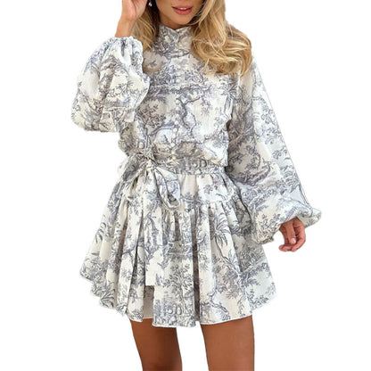 2025 independent station new European and American women's clothing temperament elegant fashion long-sleeved lace-up national style printed European and American dress