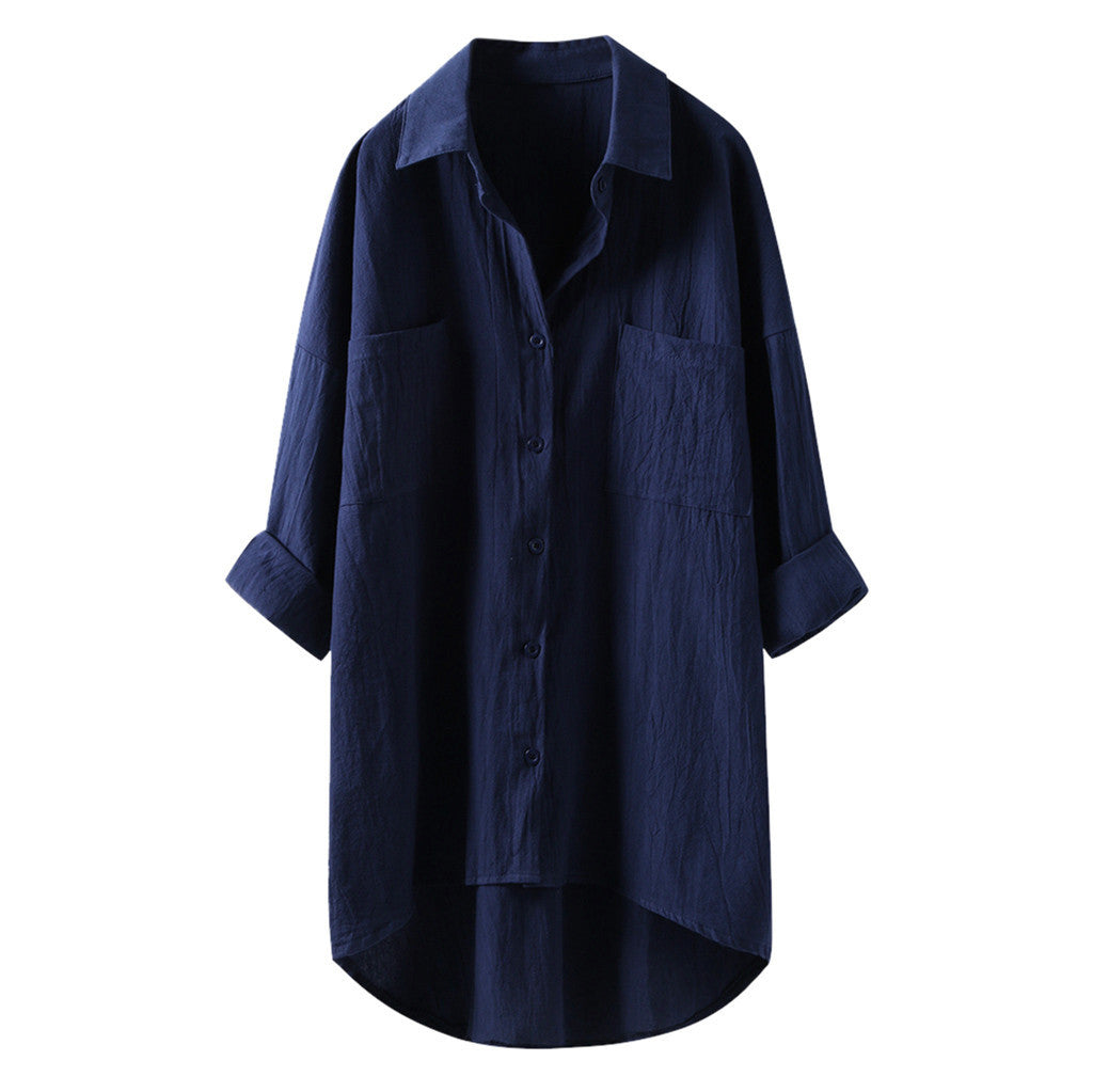 Women’s Spring Autumn Cotton Linen Shirt - Casual Button-Up Cardigan with Double Pockets, Long Sleeve Blouse for Everyday Wear