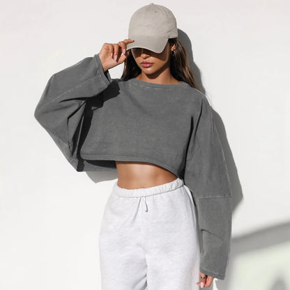 2025 Women's Cropped Round Neck Sweatshirt Long Sleeve T Shirt Workout Knit Top Casual Streetwear Fashion