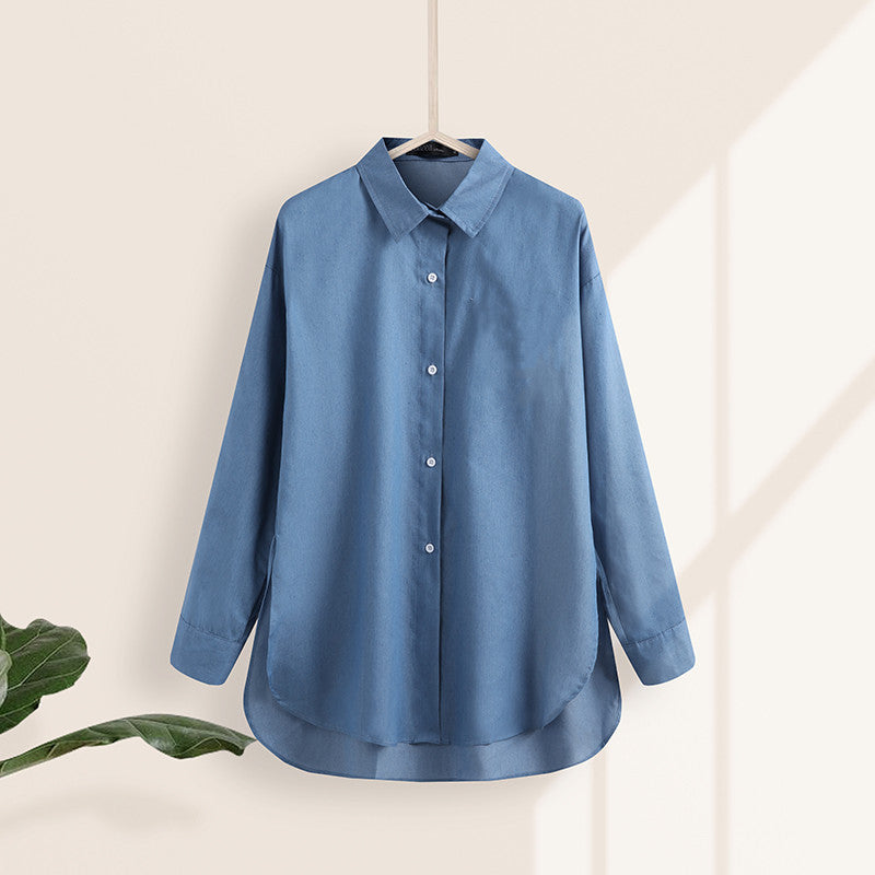 Fashionable Women’s Long Sleeve Button-Down Shirt - Relaxed Fit Irregular Hem for Summer Autumn Winter Work & Casual Wear