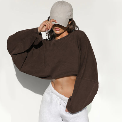 2025 Women's Cropped Round Neck Sweatshirt Long Sleeve T Shirt Workout Knit Top Casual Streetwear Fashion