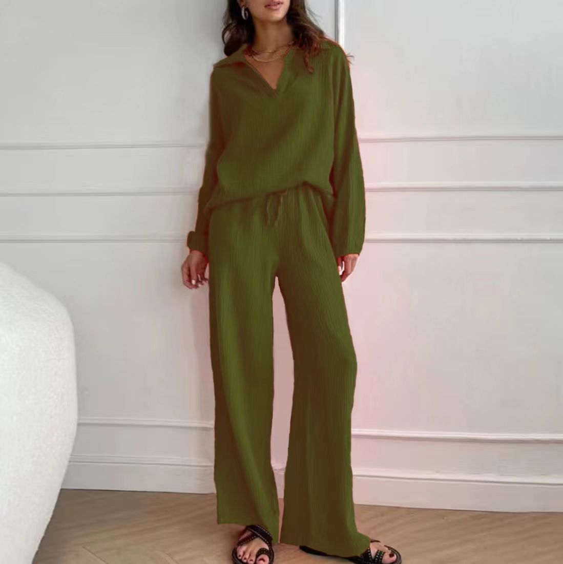 Elegant Women’s Casual Loose Outfit Set - Long Sleeve Blouse + Drawstring Pant Set | Spring Autumn Notch Lapel Two-Piece Comfortable Outfit