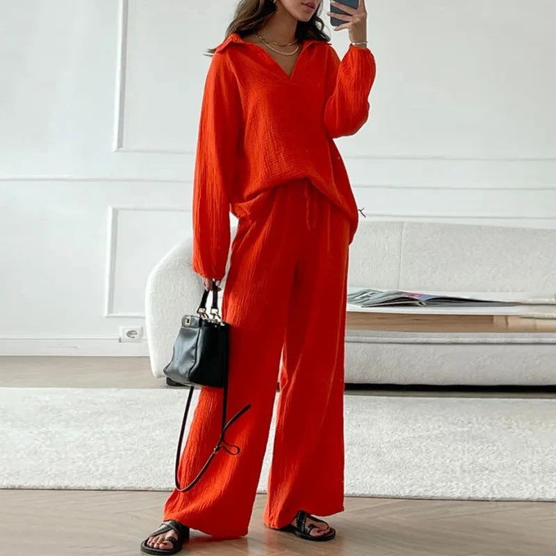 Elegant Women’s Casual Loose Outfit Set - Long Sleeve Blouse + Drawstring Pant Set | Spring Autumn Notch Lapel Two-Piece Comfortable Outfit