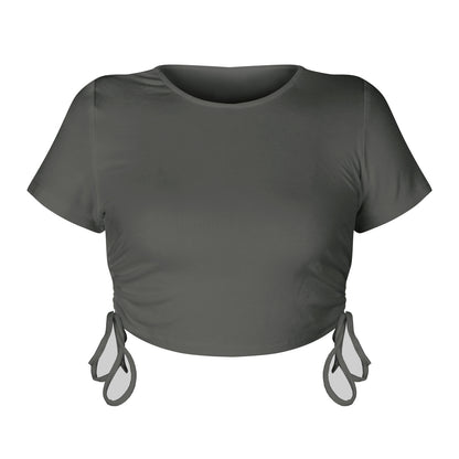 Stylish and sexy pit strip open button short drawstring strap round neck short sleeve T-shirt European and American women's clothing bm top