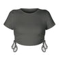 Stylish and sexy pit strip open button short drawstring strap round neck short sleeve T-shirt European and American women's clothing bm top
