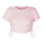 Stylish and sexy pit strip open button short drawstring strap round neck short sleeve T-shirt European and American women's clothing bm top
