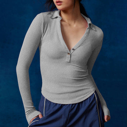 2025 new high-end women's threaded polo collar long-sleeved T-shirt slim-fit knitted sweater women's top summer high-end feeling
