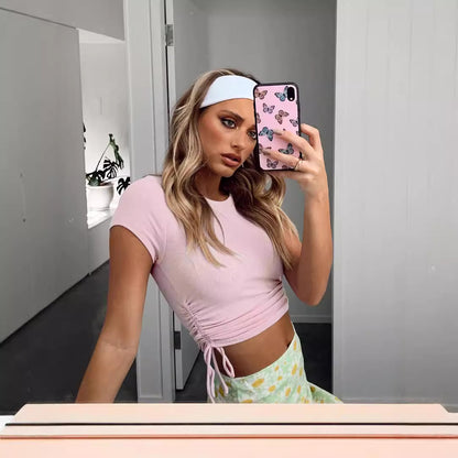 Stylish and sexy pit strip open button short drawstring strap round neck short sleeve T-shirt European and American women's clothing bm top