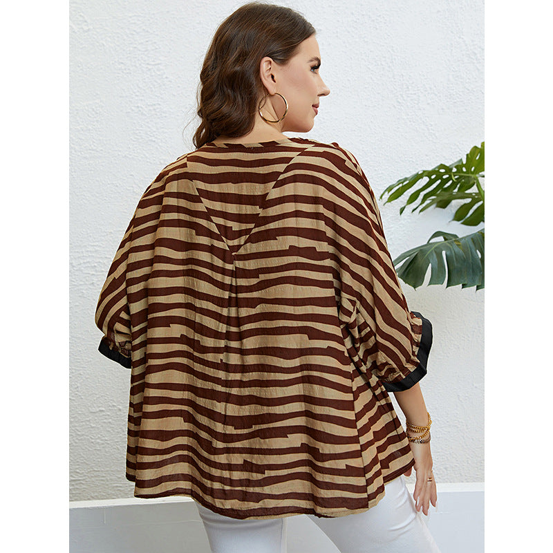 Fashionable Summer Zebra Stripe 34 Sleeve Blouse Plus Size Womens Top New Arrival