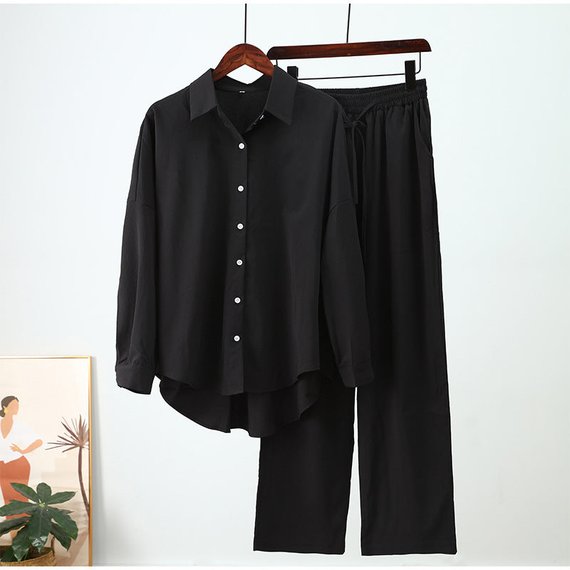 Fall winter 2025 outfits Knit crepe pants sets Comfortable women’s 2-piece sets Loose fit shirt and pants combo Stretchy fall apparel