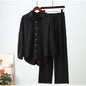 Fall winter 2025 outfits Knit crepe pants sets Comfortable women’s 2-piece sets Loose fit shirt and pants combo Stretchy fall apparel
