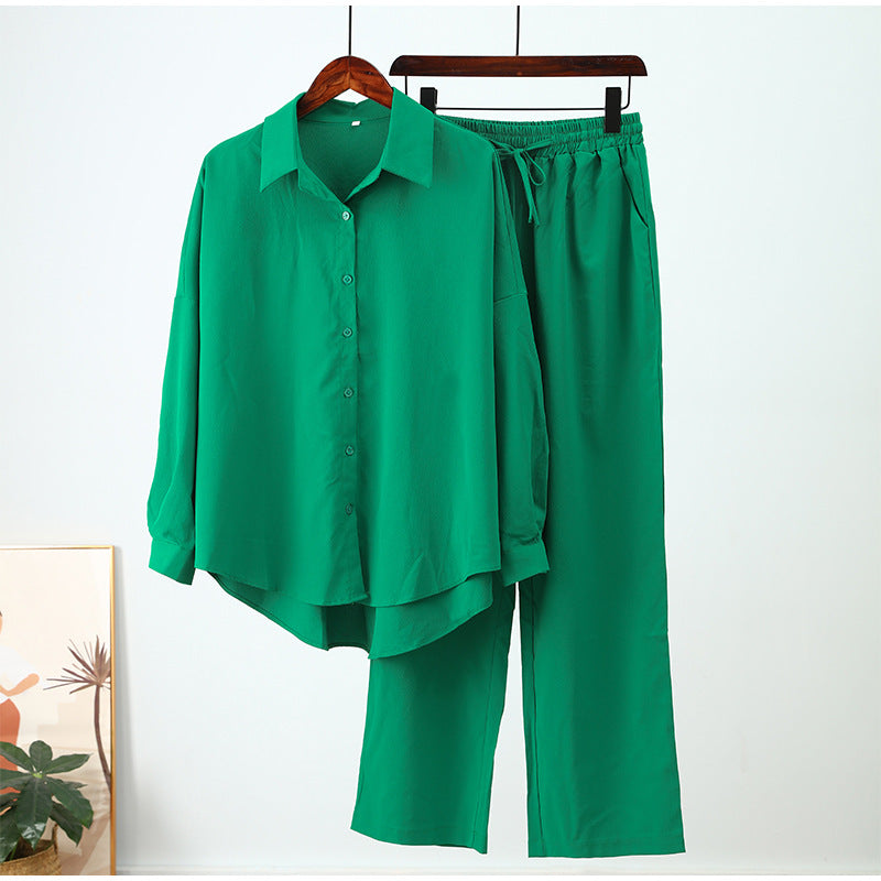 Fall winter 2025 outfits Knit crepe pants sets Comfortable women’s 2-piece sets Loose fit shirt and pants combo Stretchy fall apparel