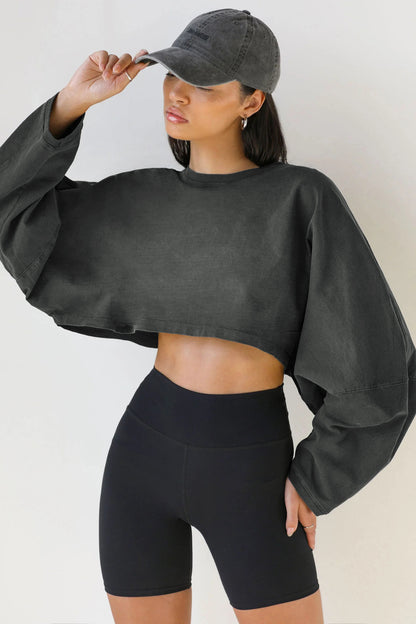 2025 Women's Cropped Round Neck Sweatshirt Long Sleeve T Shirt Workout Knit Top Casual Streetwear Fashion