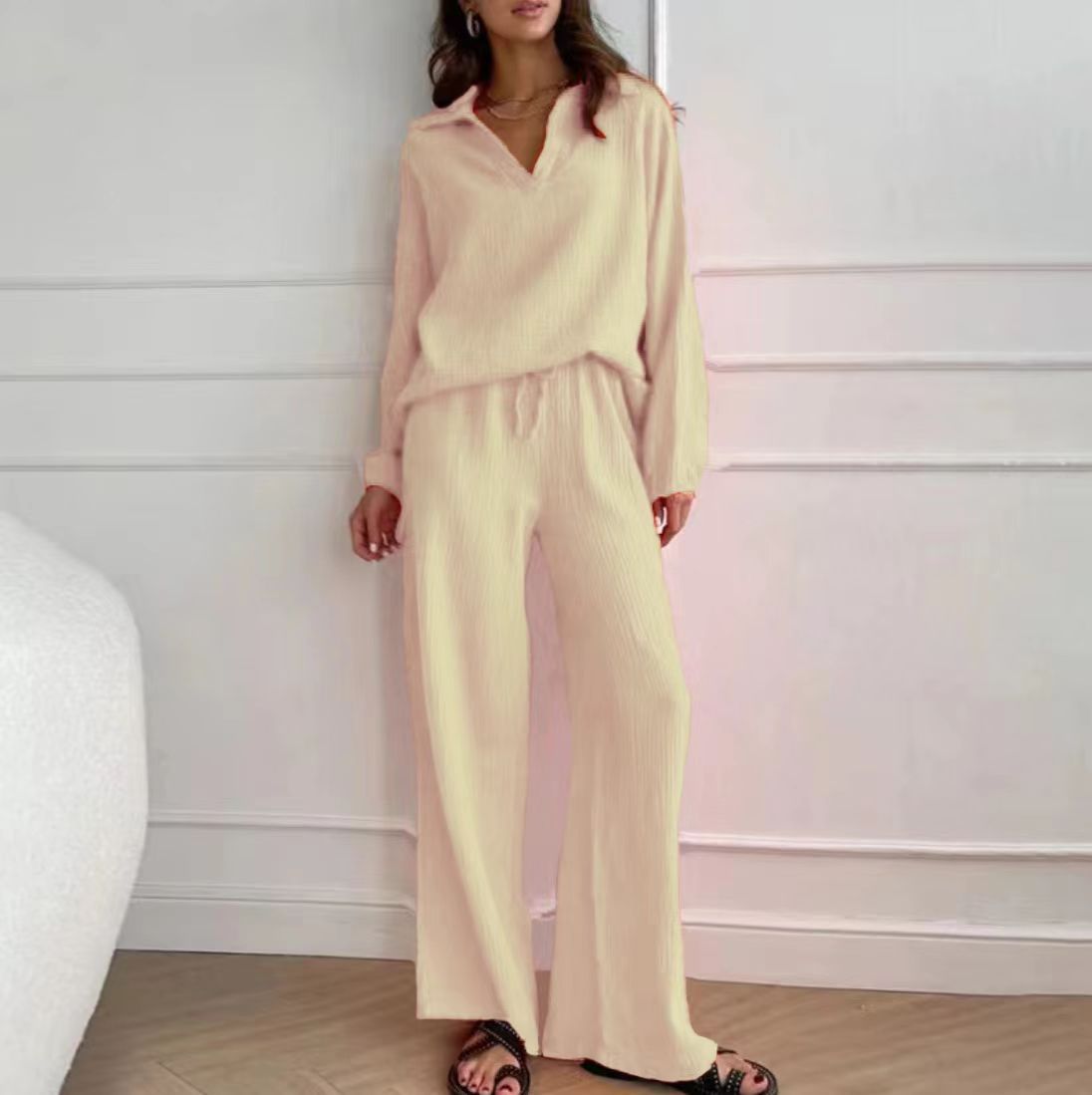 Elegant Women’s Casual Loose Outfit Set - Long Sleeve Blouse + Drawstring Pant Set | Spring Autumn Notch Lapel Two-Piece Comfortable Outfit