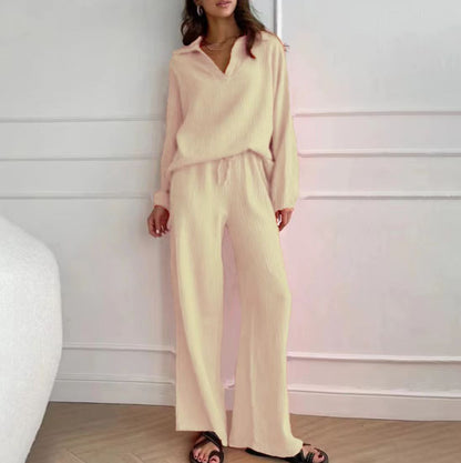Elegant Women’s Casual Loose Outfit Set - Long Sleeve Blouse + Drawstring Pant Set | Spring Autumn Notch Lapel Two-Piece Comfortable Outfit