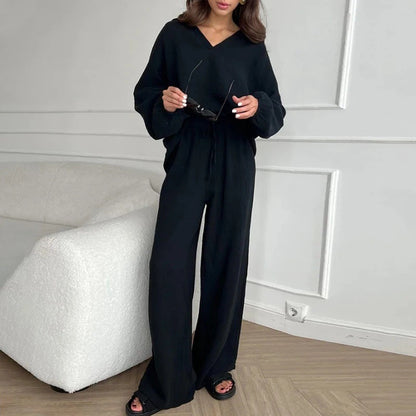 Elegant Women’s Casual Loose Outfit Set - Long Sleeve Blouse + Drawstring Pant Set | Spring Autumn Notch Lapel Two-Piece Comfortable Outfit