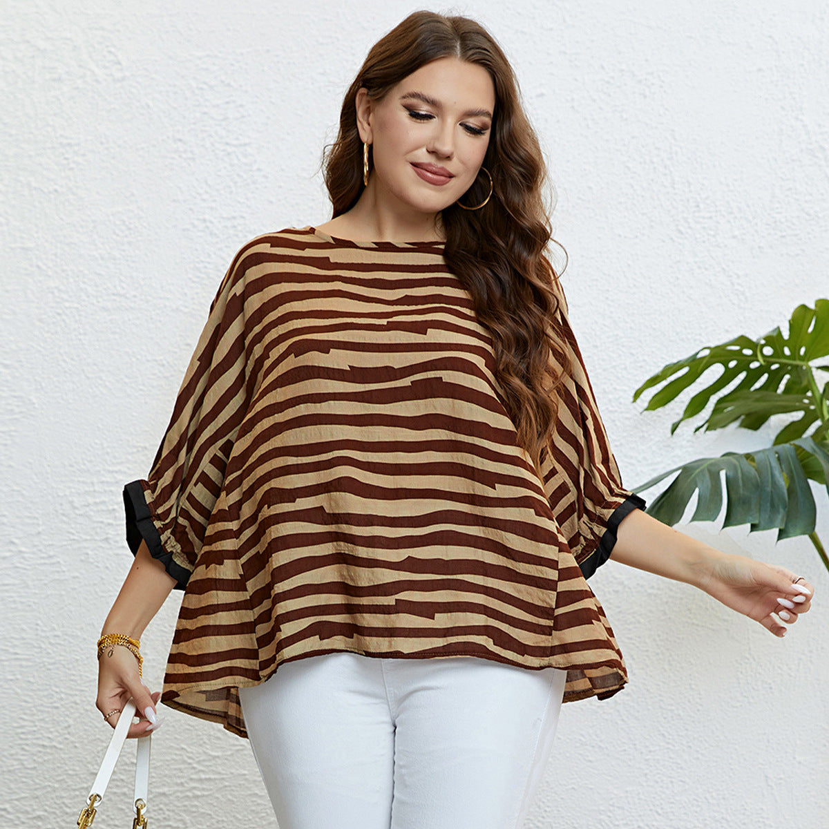 Fashionable Summer Zebra Stripe 34 Sleeve Blouse Plus Size Womens Top New Arrival
