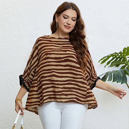 Fashionable Summer Zebra Stripe 34 Sleeve Blouse Plus Size Womens Top New Arrival