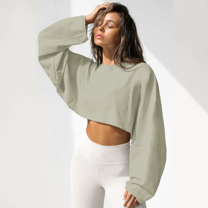 2025 Women's Cropped Round Neck Sweatshirt Long Sleeve T Shirt Workout Knit Top Casual Streetwear Fashion