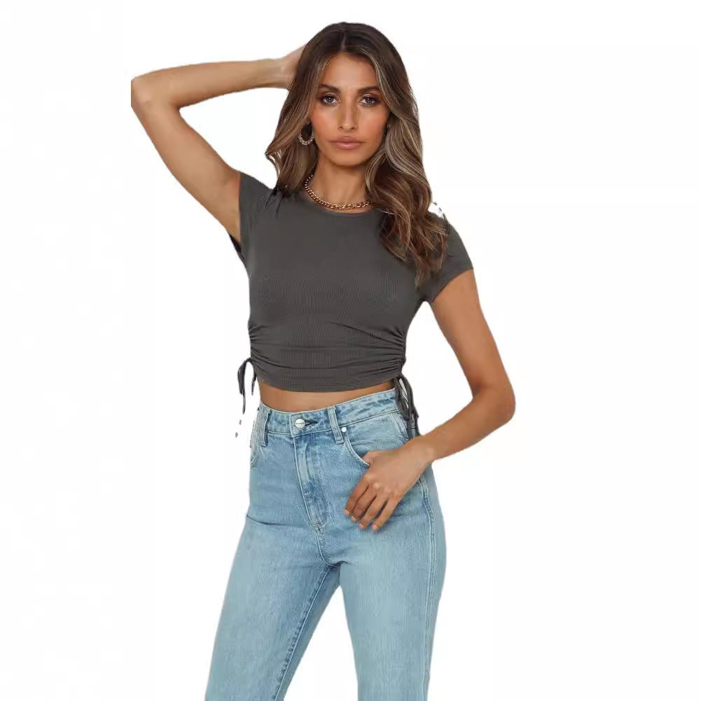 Stylish and sexy pit strip open button short drawstring strap round neck short sleeve T-shirt European and American women's clothing bm top