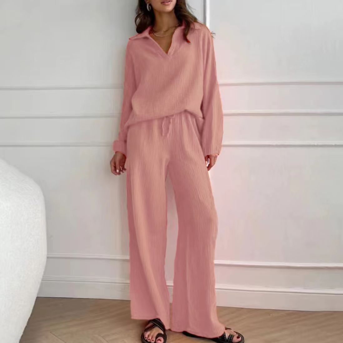Elegant Women’s Casual Loose Outfit Set - Long Sleeve Blouse + Drawstring Pant Set | Spring Autumn Notch Lapel Two-Piece Comfortable Outfit
