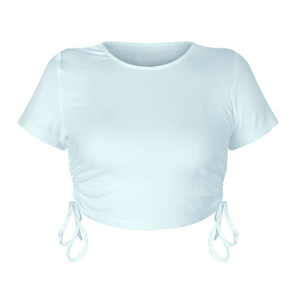 Stylish and sexy pit strip open button short drawstring strap round neck short sleeve T-shirt European and American women's clothing bm top