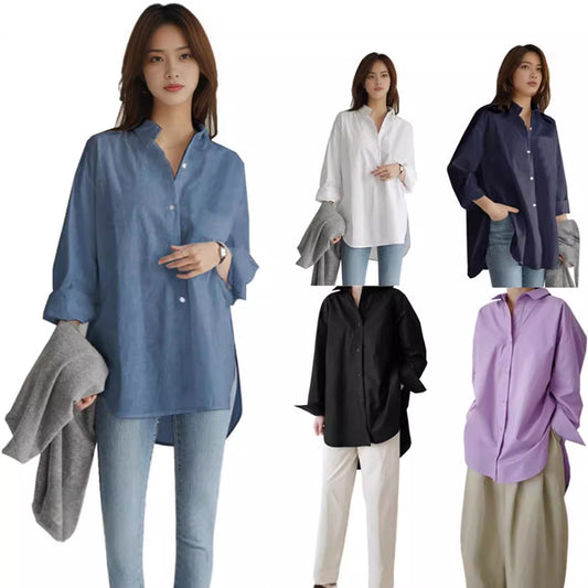 Fashionable Women’s Long Sleeve Button-Down Shirt - Relaxed Fit Irregular Hem for Summer Autumn Winter Work & Casual Wear