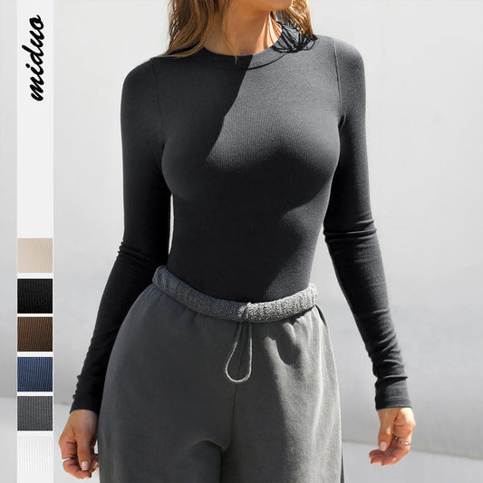 2025 New Y2K Ribbed Round Neck Long Sleeve T Shirt Women Slim Fit Crop Top Pure Desire Fashion